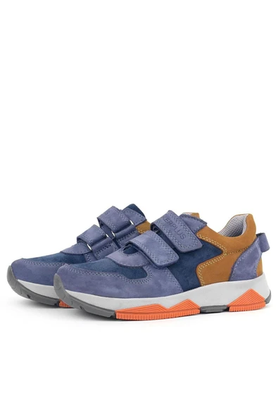 Rakerplus Hakiki Deri Mavi Süet Taba Çocuk Cırtlı Sneakers Spor Ayakkabı - Resim 5