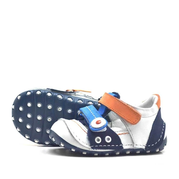 Hakiki Deri Turuncu Mavi Cırtlı Yazlık İlk Adım Ayakkabı - Resim 4