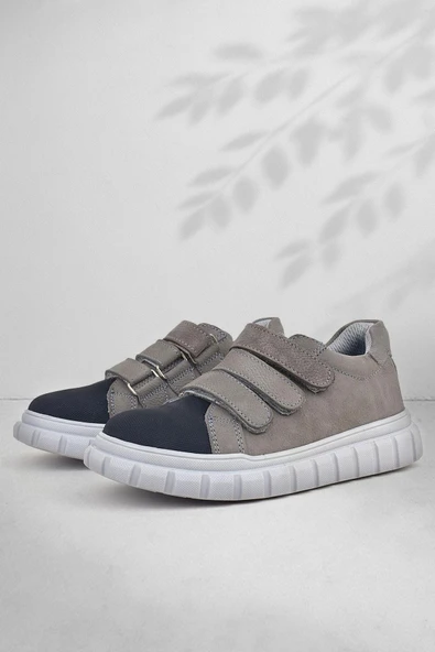 Rakerplus Hakiki Deri Siyah Gri Cırtlı Çocuk Günlük Spor Okul Ayakkabı