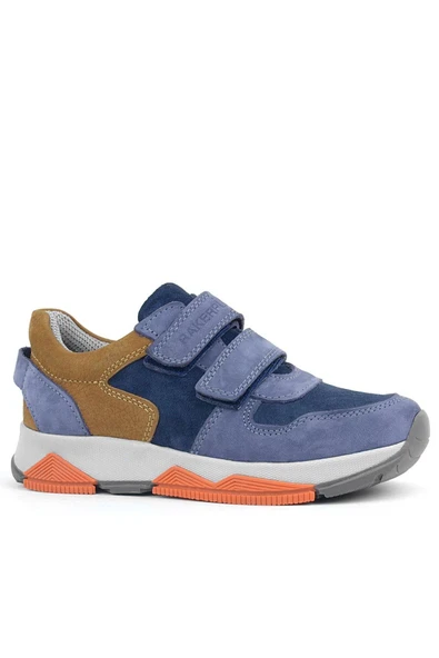 Rakerplus Hakiki Deri Mavi Süet Taba Çocuk Cırtlı Sneakers Spor Ayakkabı - Resim 2