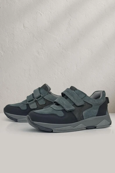 Rakerplus Hakiki Deri Koyu Gri Siyah Çocuk Cırtlı Sneakers Spor Ayakkabı ürün görseli