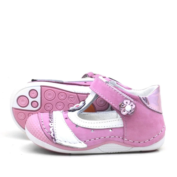 PEMBE PULLU HAKİKİ DERİ CIRTLI YAZLIK KIZ BEBEK AYAKKABI - Resim 4