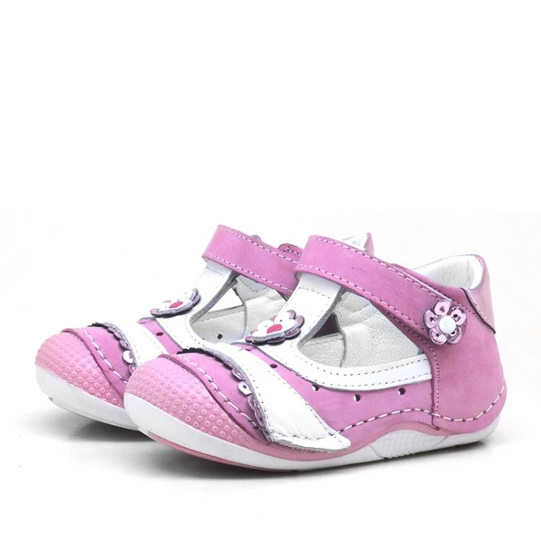 PEMBE PULLU HAKİKİ DERİ CIRTLI YAZLIK KIZ BEBEK AYAKKABI - Resim 3