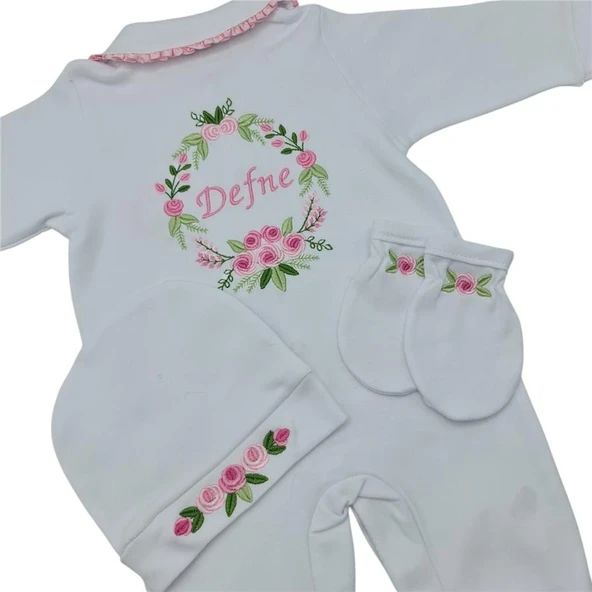 İsimli Hastane Çıkışı 3 Lü Set Rococo Laruel Desenli Pembe - 1