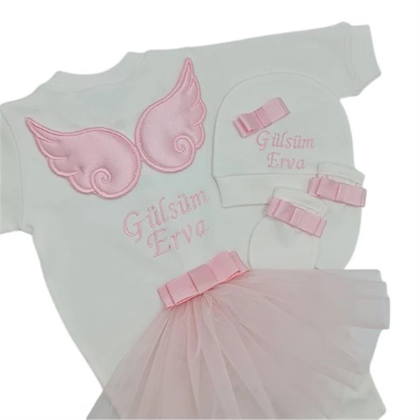 Melek Kanatlı Kız Bebek Hastane Çıkışı 3 lü Set Pembe - 1
