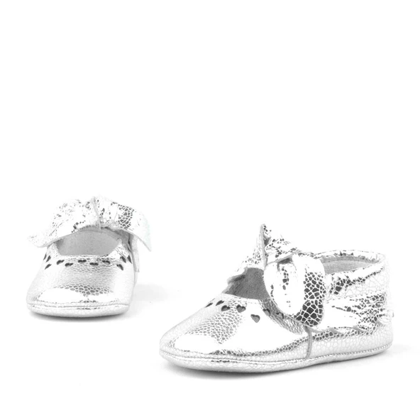 Coco Hakiki Deri Gümüş Fiyonklu Lastikli Bebek Patik - 5