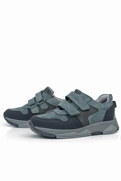 Rakerplus Hakiki Deri Koyu Gri Siyah Çocuk Cırtlı Sneakers Spor Ayakkabı - Resim 5