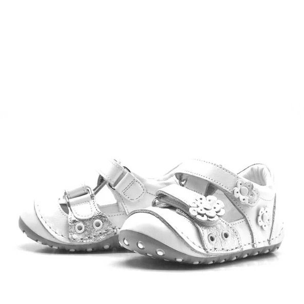 Nino Hakiki Deri Beyaz Gümüş Cırtlı Yazlık İlk Adım Ayakkabı - Resim 3