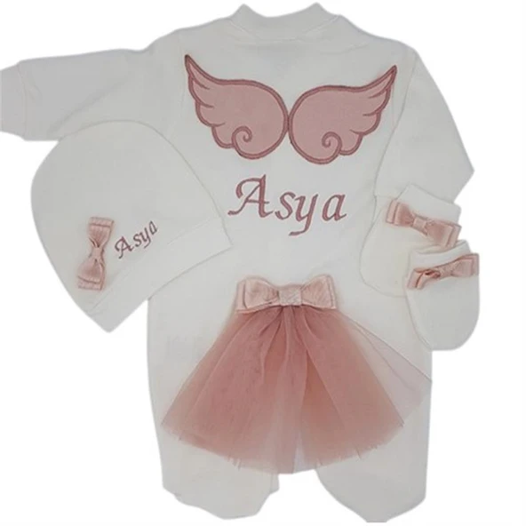 Melek Kanatlı Kız Bebek Hastane Çıkışı 3 lü Set Koyu Pudra - 1