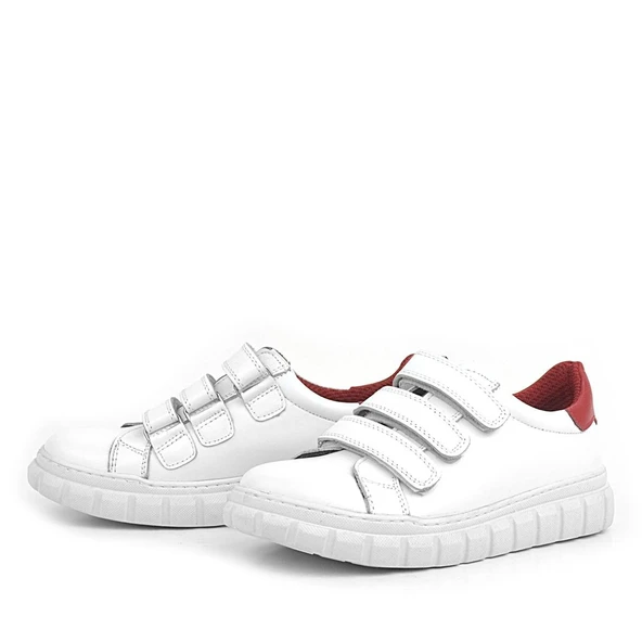 Rakerplus Hakiki Deri Beyaz Kırmızı Cırtlı Çocuk Günlük Spor Okul Ayakkabı - 4
