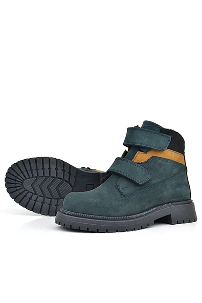 Rakerplus Hakiki Deri Koyu Yeşil Taba Cırt Cırtlı Kışlık Çocuk Bot - Resim 6