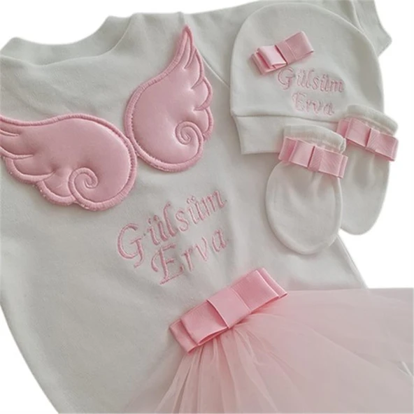 Melek Kanatlı Kız Bebek Hastane Çıkışı 3 lü Set Pembe - 3