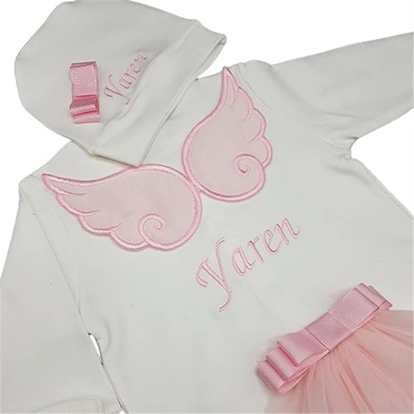 Melek Kanatlı Kız Bebek Hastane Çıkışı 3 lü Set Pembe - 2