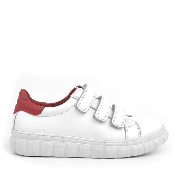 Rakerplus Hakiki Deri Beyaz Kırmızı Cırtlı Çocuk Günlük Spor Okul Ayakkabı - 2