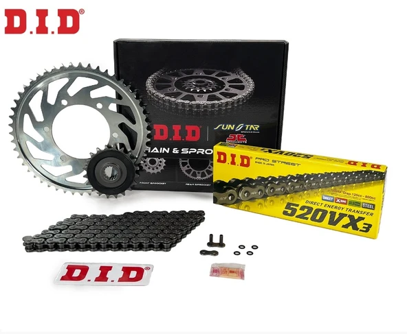 ZİNCİR DİŞLİ SETİ BAJAJ DOMINAR UG 400cc ZİNCİR: DID-520VX3 Çelik-120 ÖN-ARKA DİŞLİ: JT15T-45T 2017-2023 ürün görseli