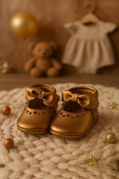 Coco Hakiki Deri Bakır Fiyonklu Lastikli Bebek Patik ürün görseli