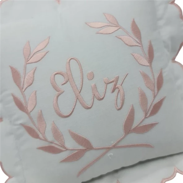 Kişiye Özel Nakışlı  Laruel Desenli Doğum Yastığı Beyaz- Pudra Pembe - 3