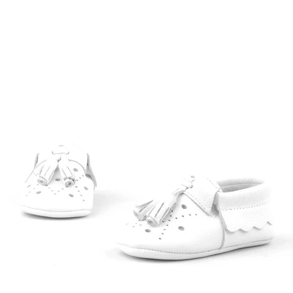 Peppa Hakiki Deri Beyaz Püsküllü Lastikli Bebek Patik - Resim 5