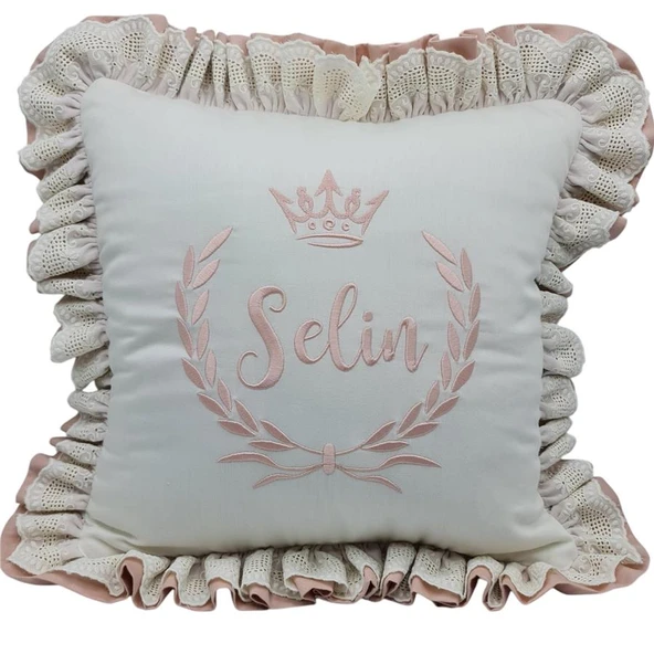 Kişiye Özel Nakışlı Taç Laruel Desenli Fistolu Doğum Yastığı Ekru- Pudra Pembe - 1