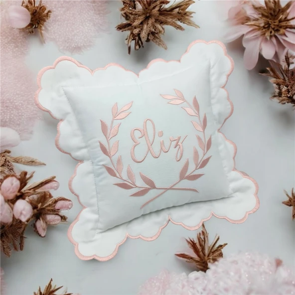 Kişiye Özel Nakışlı  Laruel Desenli Doğum Yastığı Beyaz- Pudra Pembe - 2