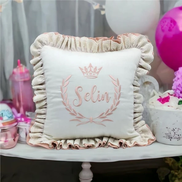 Kişiye Özel Nakışlı Taç Laruel Desenli Fistolu Doğum Yastığı Ekru- Pudra Pembe - 2