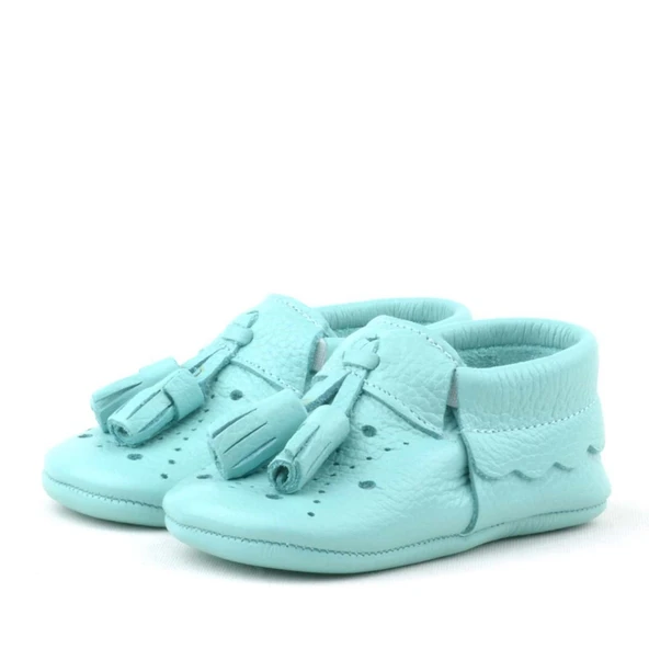Peppa Hakiki Deri Yeşil Püsküllü Lastikli Bebek Patik - 4
