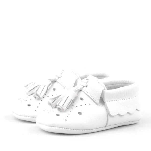 Peppa Hakiki Deri Beyaz Püsküllü Lastikli Bebek Patik - Resim 4