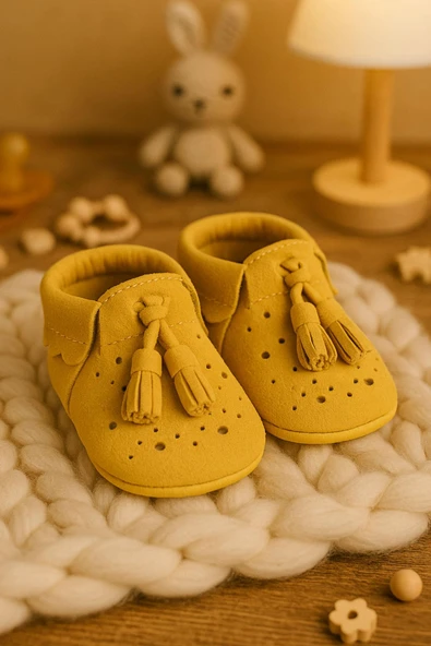 Peppa Hakiki Deri Sarı Püsküllü Lastikli Bebek Patik - Resim 2