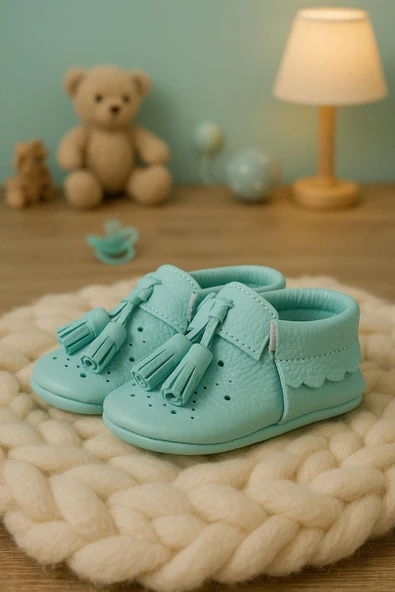 Peppa Hakiki Deri Yeşil Püsküllü Lastikli Bebek Patik