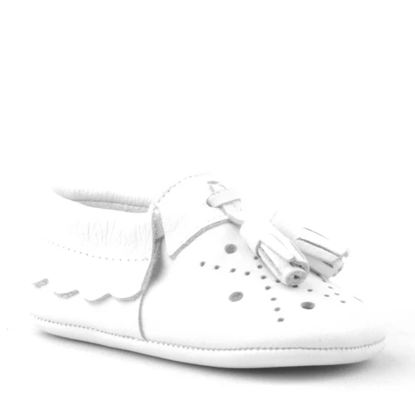 Peppa Hakiki Deri Beyaz Püsküllü Lastikli Bebek Patik - Resim 2