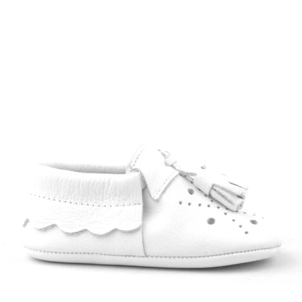 Peppa Hakiki Deri Beyaz Püsküllü Lastikli Bebek Patik - Resim 3
