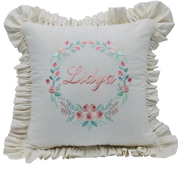 İsimli  Rococo Laruel Desenli Takı Yastığı Pudra  işlemeli Ekru 40x40 cm - 1