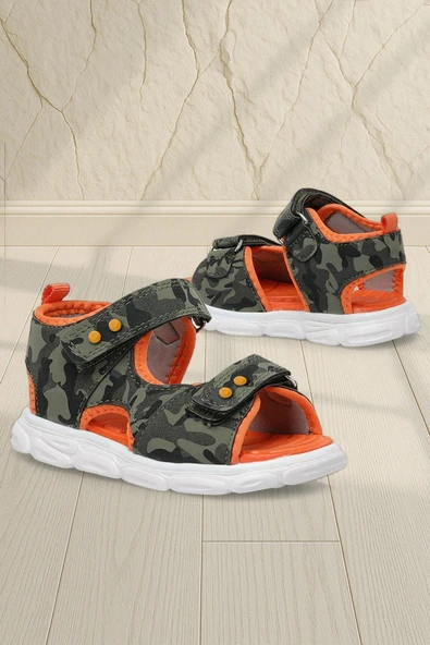 Rakerplus Haki Kamuflaj Desenli Metal Detaylı Cırtlı Bebek Sandalet Ayakkabı
