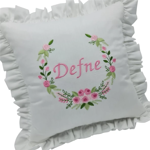 İsimli  Rococo Laruel Desenli Takı Yastığı Pembe işlemeli Fırfırlı Beyaz 40x40 cm - 2
