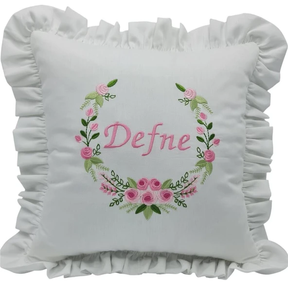 İsimli  Rococo Laruel Desenli Takı Yastığı Pembe işlemeli Fırfırlı Beyaz 40x40 cm - 1