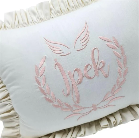 Kişiye Özel Nakışlı  Laruel Desenli Doğum Yastığı Ekru- Pudra Pembe - 2