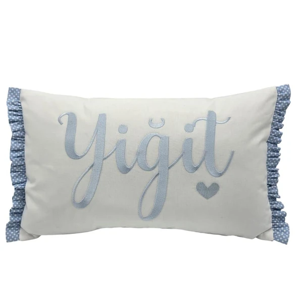 Kişiye Özel Nakışlı Laruel Desenli Fırfırlı Doğum Yastığı Beyaz-Mavi 30x40cm ürün görseli 1