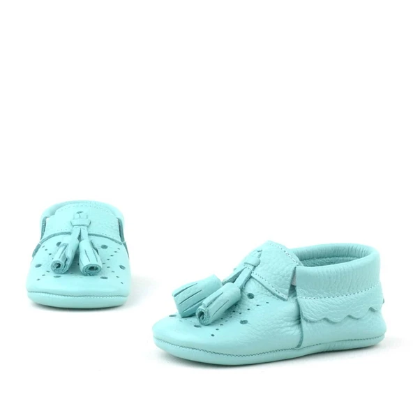 Peppa Hakiki Deri Yeşil Püsküllü Lastikli Bebek Patik - 5