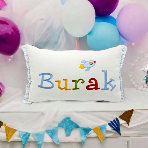 Kişiye Özel Nakışlı Roket Desenli Doğum Yastığı Beyaz 30x45 cm - 3