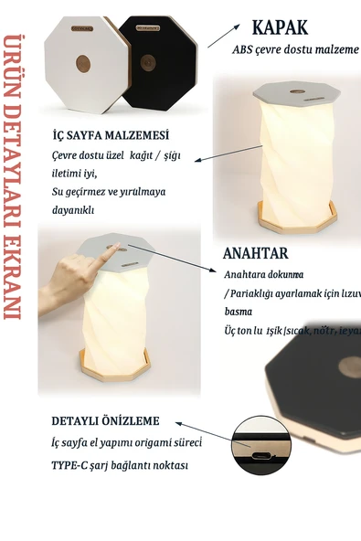 QASUL Katlanabilir Kağıt Lamba Sıcak Işık, Kademesiz Kısılabilir Dokunmatik Gece Lambası, Ev Ofis - 5