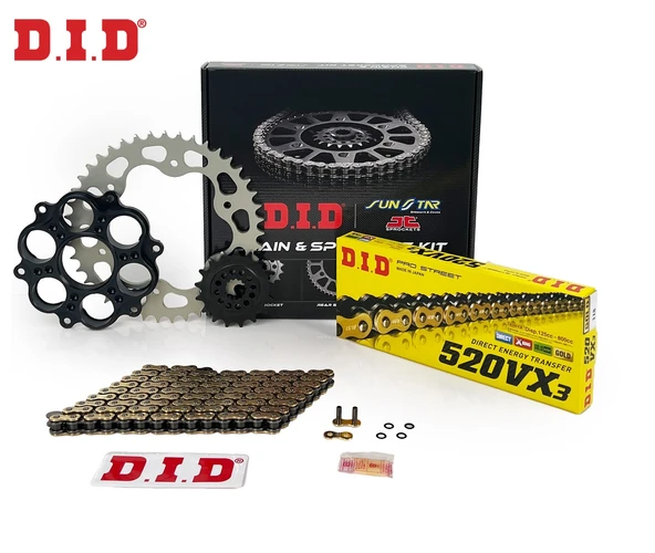 ZİNCİR DİŞLİ SETİ DUCATI HYPERMOTARD 950cc ZİNCİR: DID-520VX3 Gold-106 ÖN DİŞLİ: SUNSTAR 15T ARKA DİŞLİ: JT 43T 2019-2024 ürün görseli