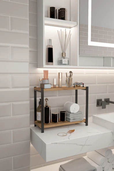 PORTA 2 Raflı Tezgah Üstü Organizer Baharatlık Raf Çok Amaçlı Raf Çam - Resim 2