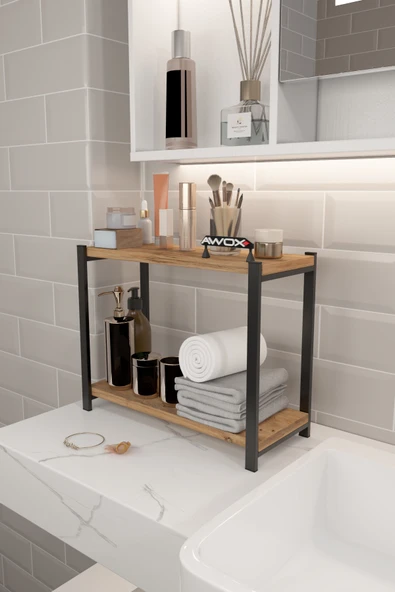 PORTA 2 Raflı Tezgah Üstü Organizer Baharatlık Raf Çok Amaçlı Raf Çam - Resim 4