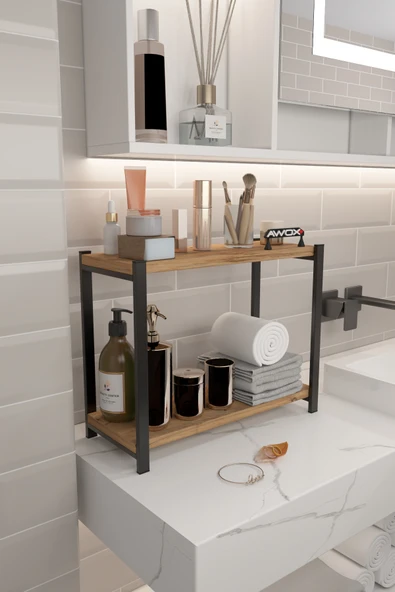 PORTA 2 Raflı Tezgah Üstü Organizer Baharatlık Raf Çok Amaçlı Raf Çam - Resim 3