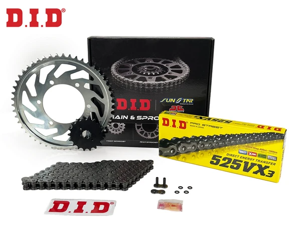 ZİNCİR DİŞLİ SETİ SUZUKI GSX-R 750cc ZİNCİR: DID-525VX3 Çelik-116 ÖN-ARKA DİŞLİ: SUNSTAR 17T-45T 2006-2019 ürün görseli