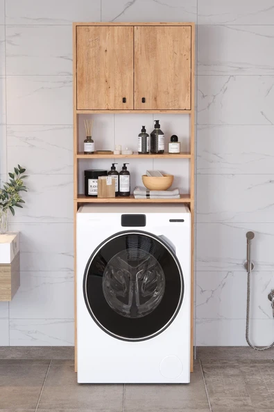 Plato Çamaşır Makinesi Dolabı 4 Raflı 2 Kapaklı Çamaşır Makinesi Dolabı Banyo Dolabı Çam - 2