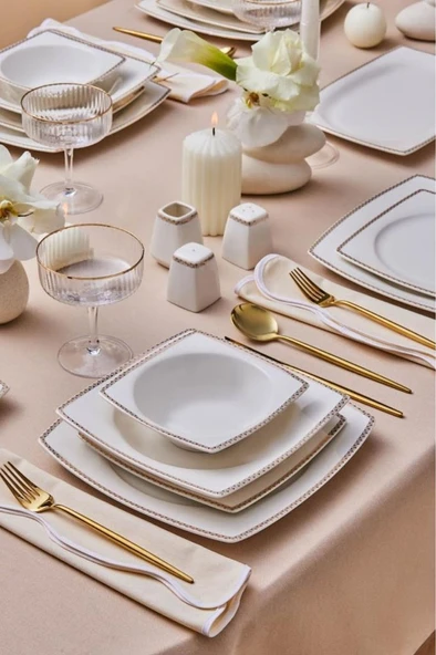 Square Bone Mindy 53 Parça 12 Kişilik Yemek Takımı Gold