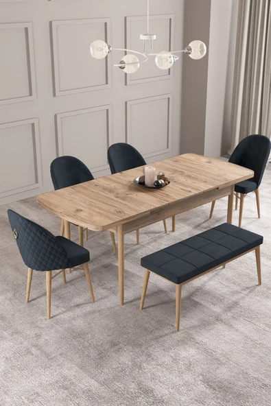 Calvin Atlantik 80x132 Açılabilir Mdf Masa Yemek Odası Takımı, Mutfak Takımı 4 Sandalye, 1 Bench Antrasit