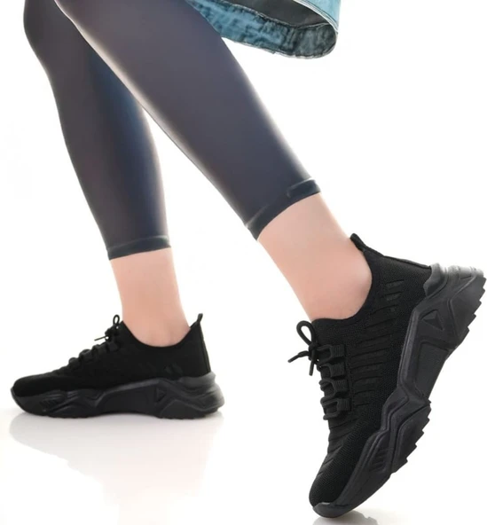 Pabucmarketi Siyah Triko Bağcık Detaylı Kadın Spor Ayakkabı - Resim 4