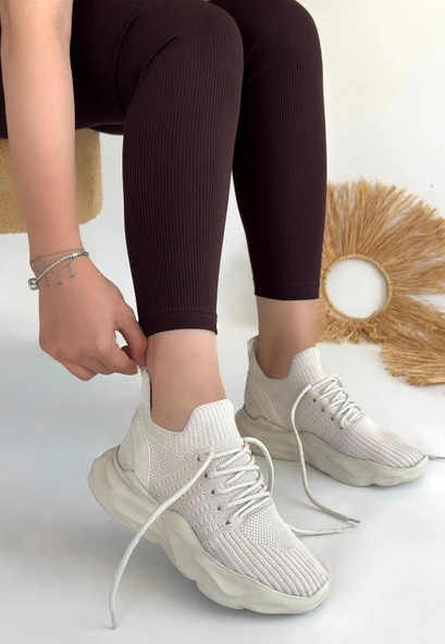 Pabucmarketi Bej Triko Bağcık Detaylı Kadın Hi Sneaker - Resim 2
